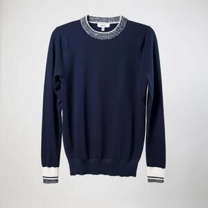 REISS Women’s Navy Knit Sweater Contrast Trim Crewneck Size XS